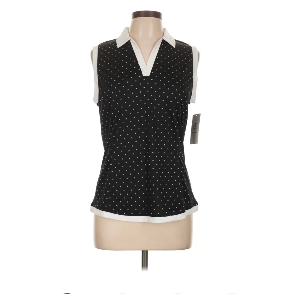 Ben Hogan Womens Sleeveless Golf Polo Shir Black White Polka‎ Dot Large Top NWT